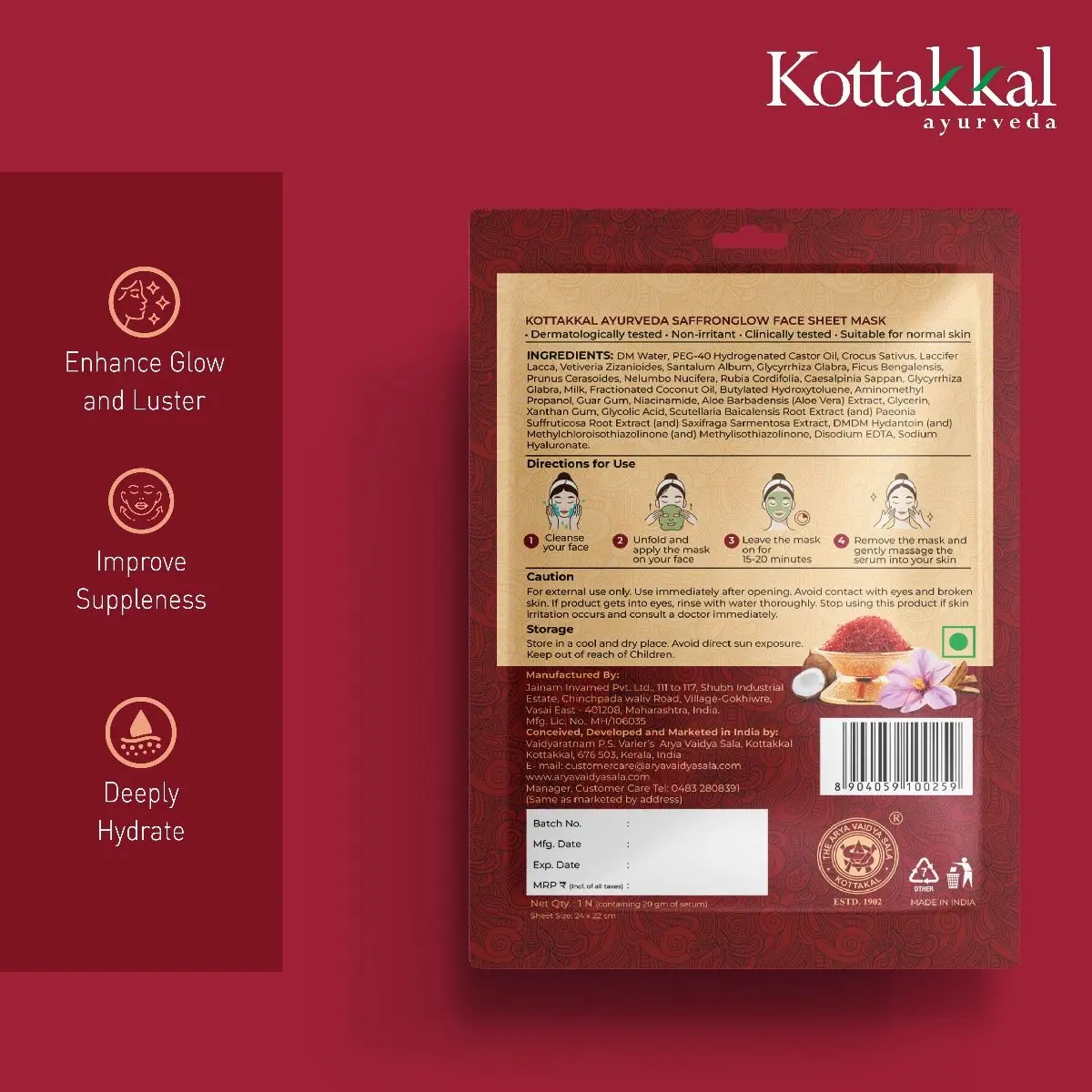 Saffronglow - Face Sheet Mask - KOTTAKKAL ARYA VAIDYASALA - Image 2